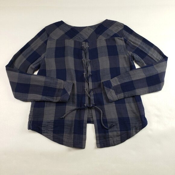 Cloth & Stone Buffalo Check Shirt Womens Gray Anthropologie Lace Up Tie Back Top - Picture 5 of 12